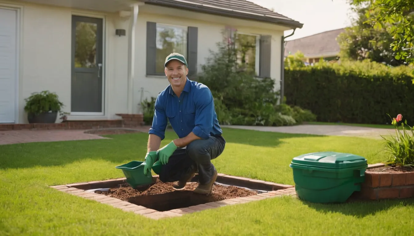 A friendly local provider checking a septic tank lid in a residential yard in Roswell